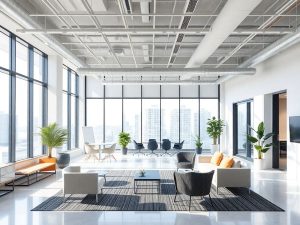 Birou imobiliar modern, luminat, cu mobilier contemporan.