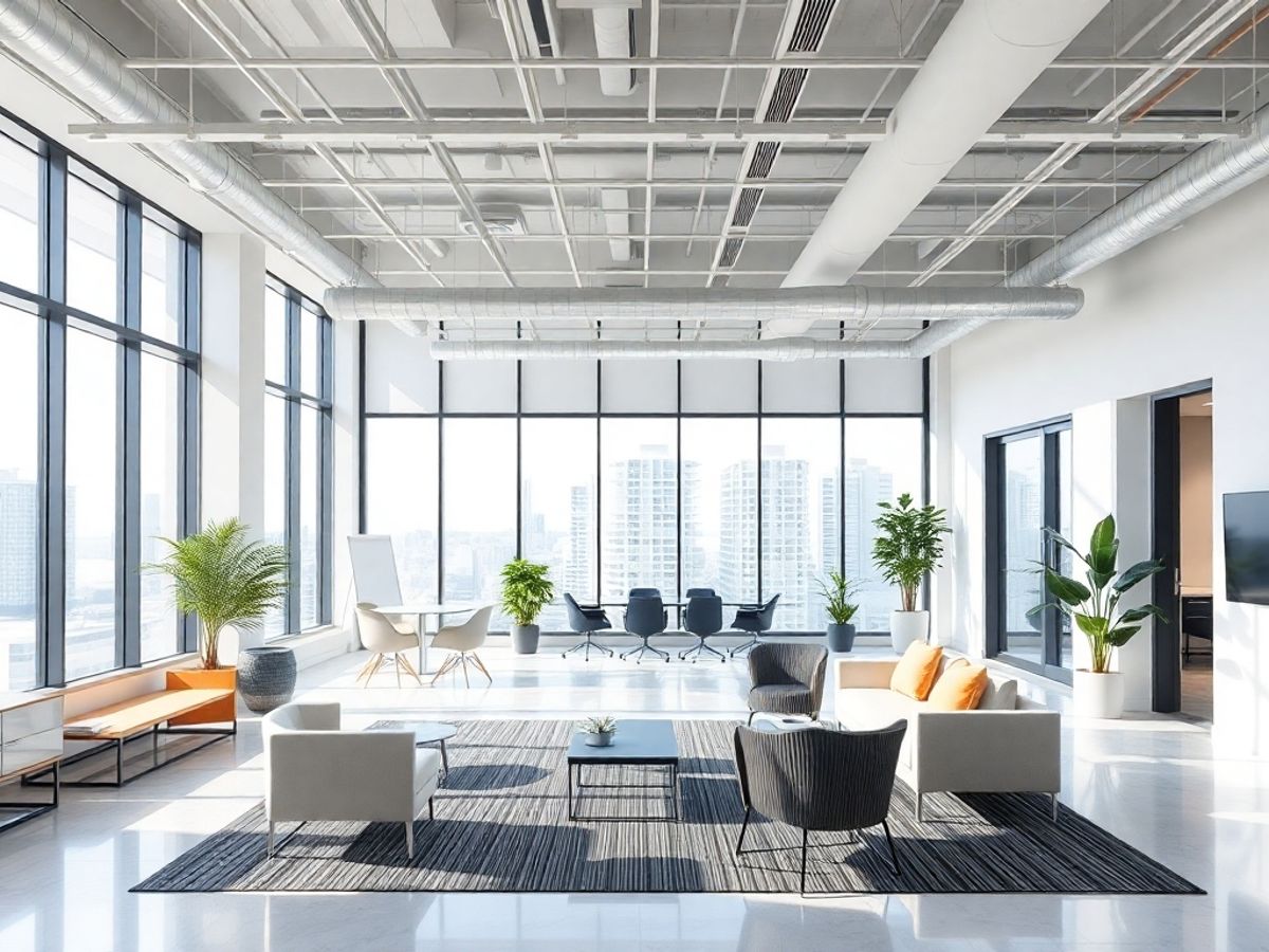 Birou imobiliar modern, luminat, cu mobilier contemporan.