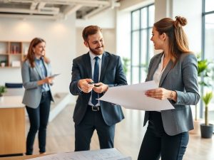 Birou modern imobiliar cu oameni discutând despre afaceri.