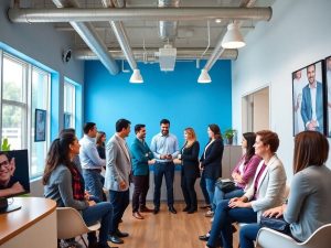 Birou imobiliar vibrant cu agenți și clienți interacționând.