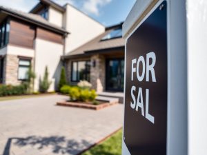 Proprietate modernă cu semn 'De vânzare'.