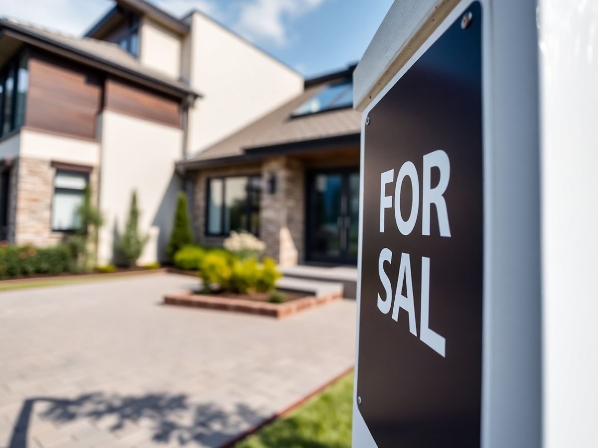 Proprietate modernă cu semn 'De vânzare'.