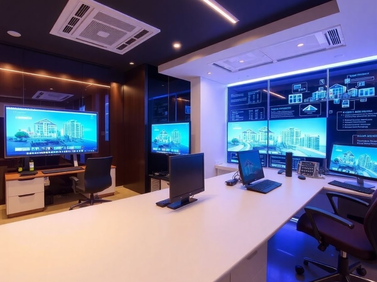 Birou imobiliar modern cu tehnologie avansată.