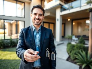 Agent imobiliar zâmbitor, clădiri moderne, chei locuință.