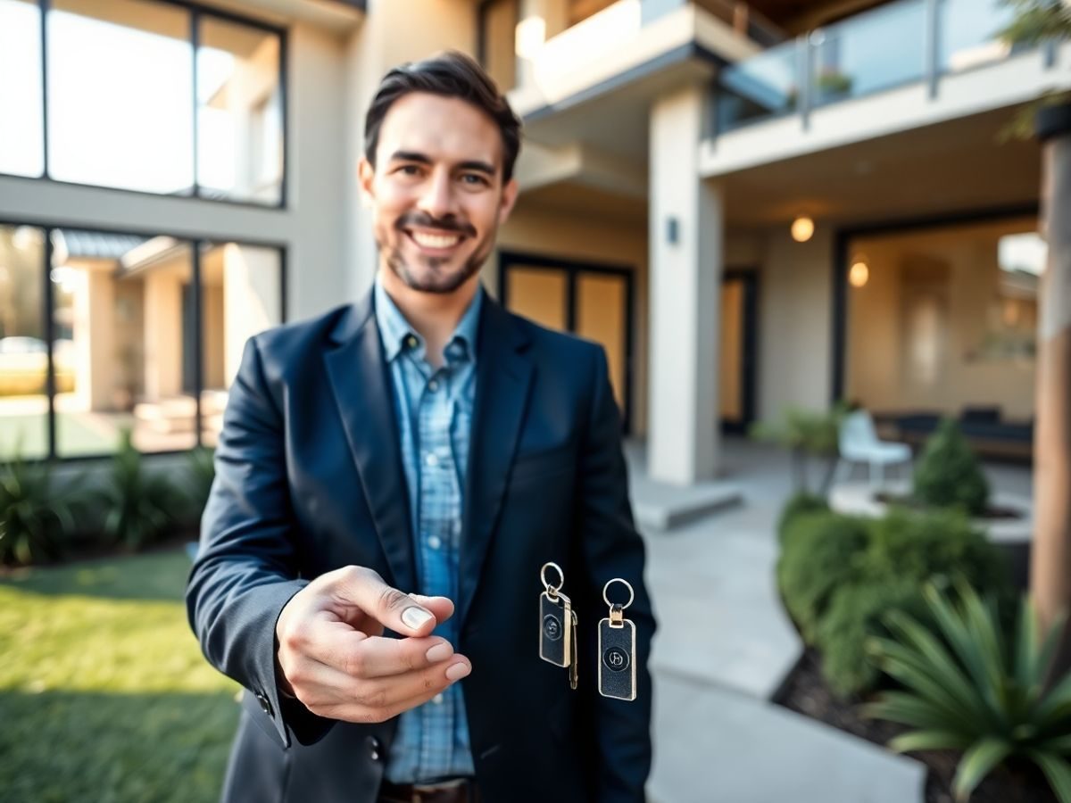 Agent imobiliar zâmbitor, clădiri moderne, chei locuință.