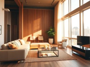 Apartament modern cu design elegant și culori calde.