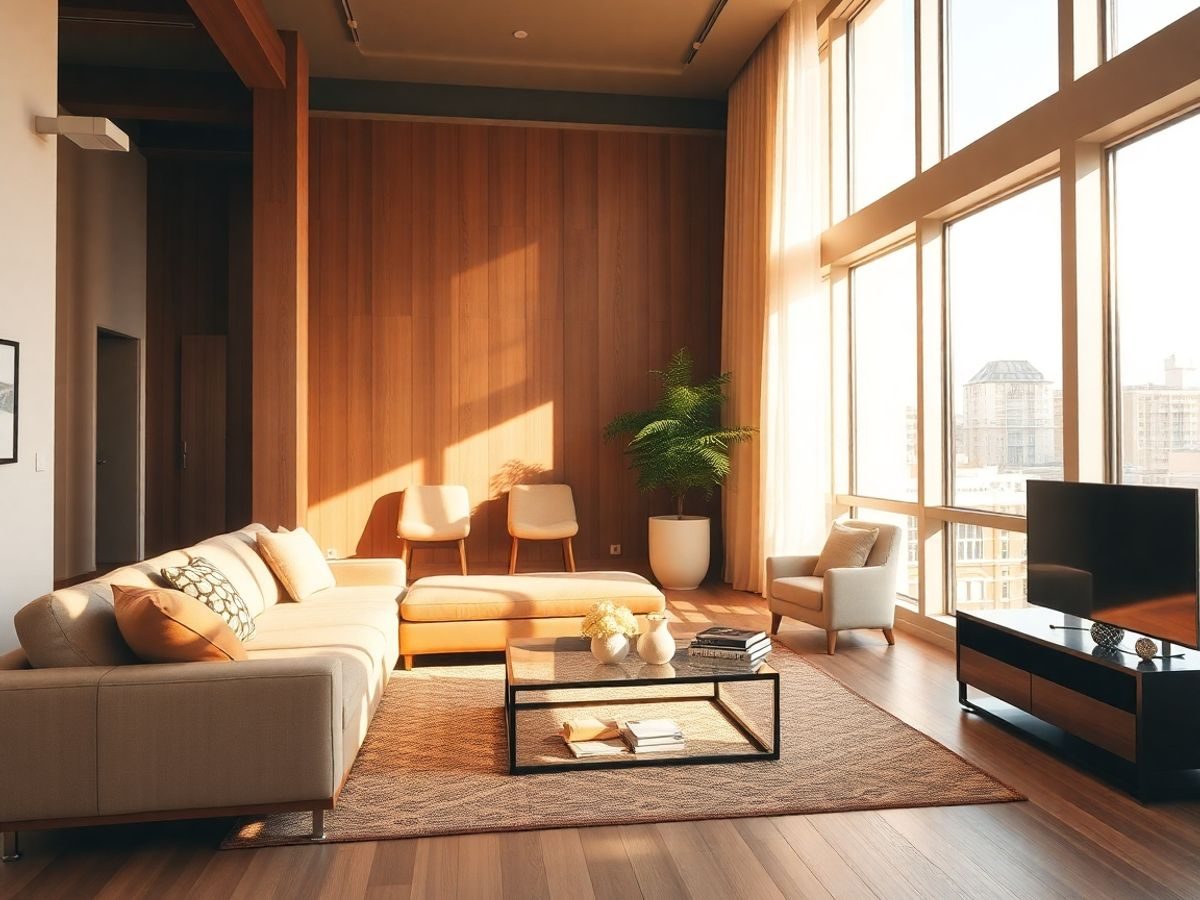 Apartament modern cu design elegant și culori calde.