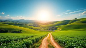 Peisaj rural cu dealuri verzi și un sat mic.