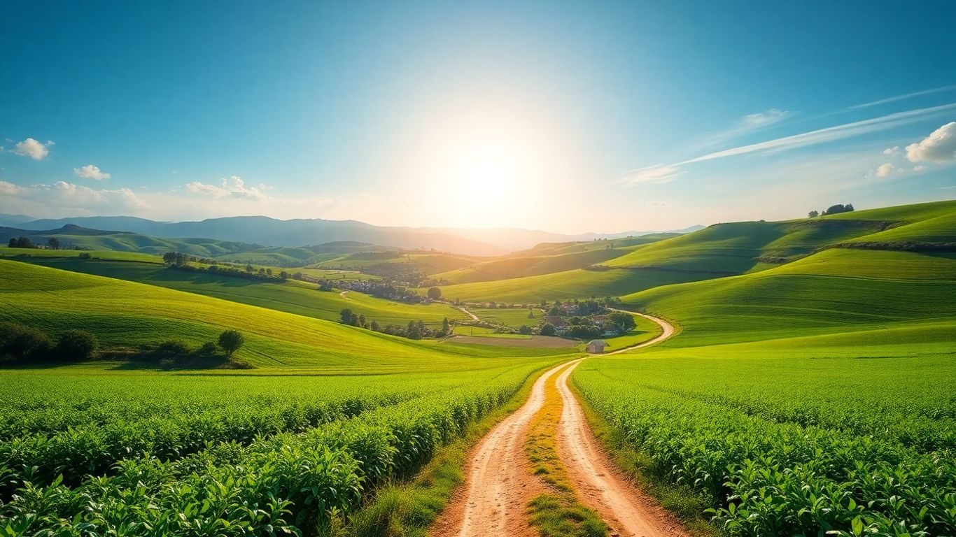 Peisaj rural cu dealuri verzi și un sat mic.