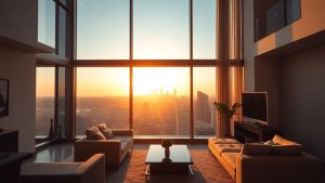 Apartament modern cu vedere la oraș la apus.