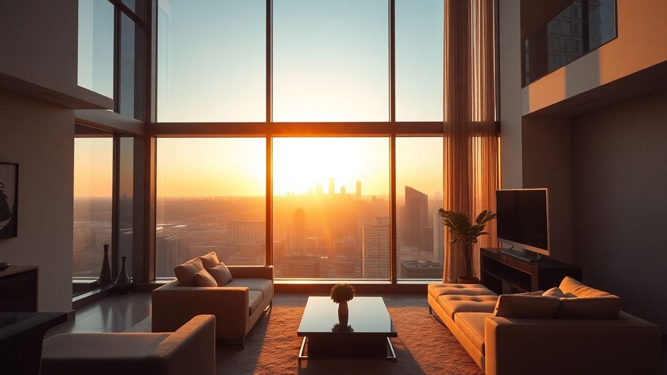 Apartament modern cu vedere la oraș la apus.