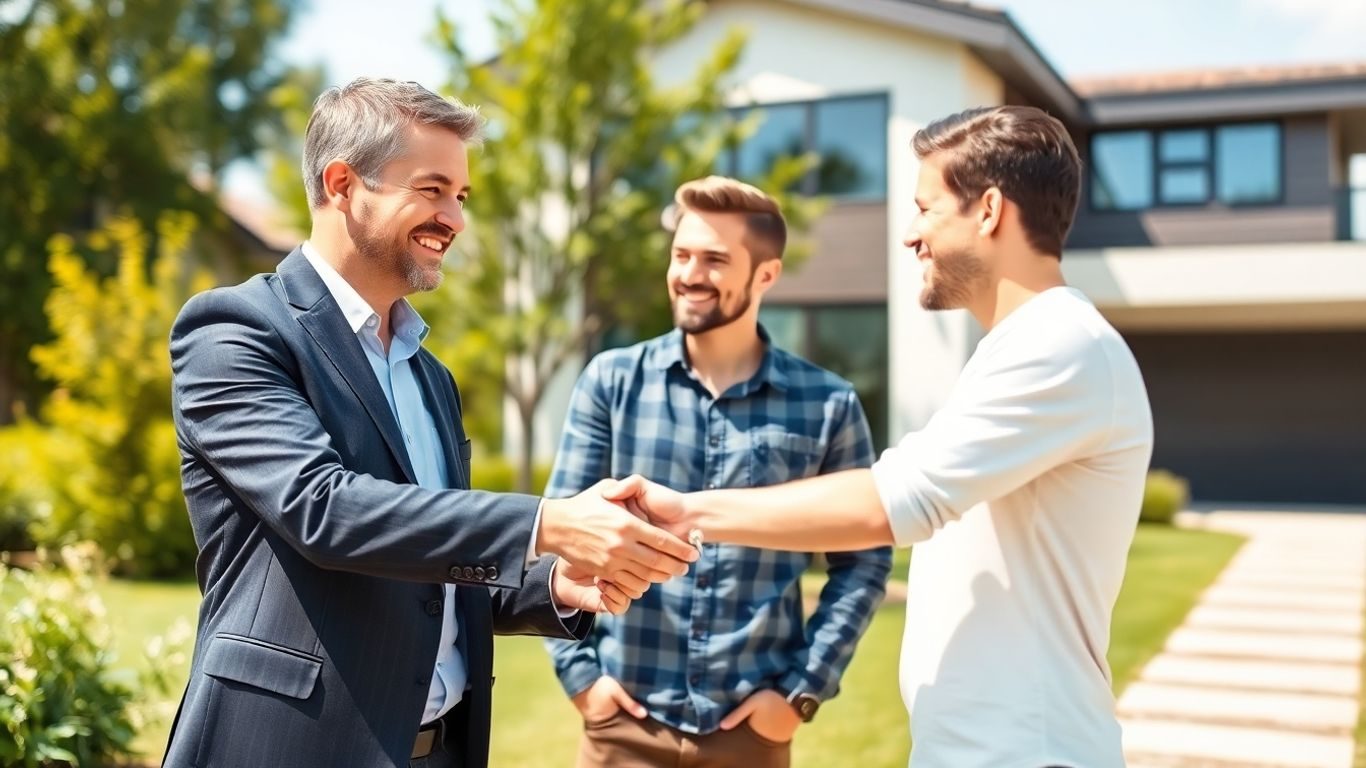 Agent imobiliar cu cuplu tânăr în fața unei case moderne.